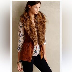 Anthropologie Faux Fur Shawl Vest brown zip pocket women size XS